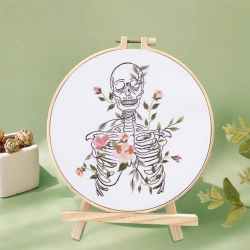 Yangshine 2 Sets Human Anatomy Embroidery Kit for Beginners,Flower with Skull Patterns Cross Stitch Kits,Including Embroidery Hoops, Fabric,Color Threads,Needles,Instructions and Tool Kit - color: Multicolor