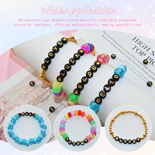 Looconi 1400pcs 4x7mm Black Letter Beads Round Acrylic with Gold Alphabet A-Z Heart Pattern Beads and Crystal Line for Jewelry Making (Black&Gold) - color: Black&Gold, size: 7x4mm