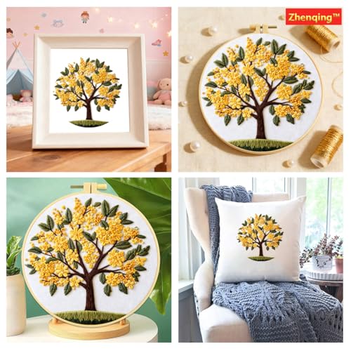 Zhenqing Osmanthus Tree Embroidery Kit for Beginners, Sweet Olive Blossom Craft Set with 20cm Hoop, Printed Design on 29x29cm Cotton Fabric, DIY Nature Wall Art (JCD0100)