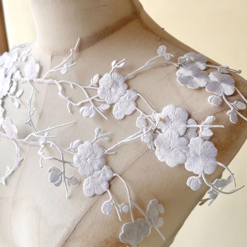 2pcs Iron on Plum Flower Applique White Color Embroidery Vine of Floral for Clothing,Costumes - color: White