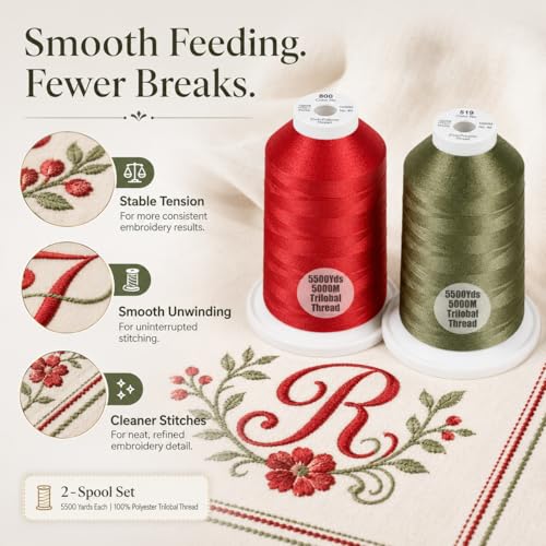 Simthread 2Pk 5500Y/5000M 40WT Polyester Embroidery Thread Red800 Green519 - color: Festive Duo(Red+Green)