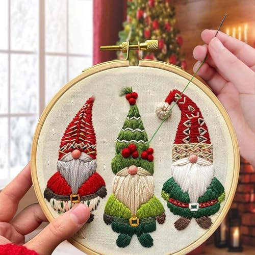 RUIQLXHANG Christmas Embroidery Kit, Christmas Gnomes Embroidery Kits for Beginners with Pattern, Cotton Threads, Needles, Instruction, 20cm Hoop, Gift for Mom, Grandma (Scepter Candy) - color: Scepter Candy