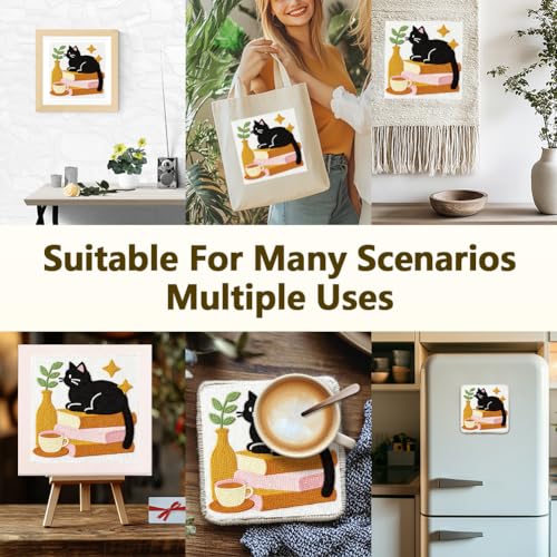 Doodlream Cat on Books Needle Kit for Beginner, 9.4"x 9.4" Coffee and Plant Punch Stitching Craft Set, Color DIY Embroidery Starter with Printed Frame, Instruction, Threader, Yarn, Pinch Needle - color: Cat