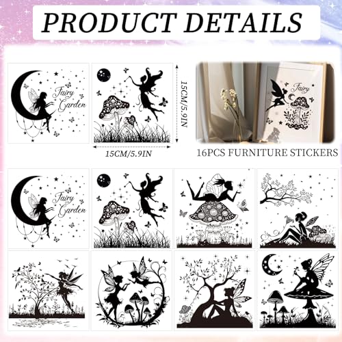 Fairy Silhouettes Rub on Transfers for Crafts - Wxiben 16 Sheets Mushroom Rub on Transfers for Furniture Butterfly Moon Fairy Rub on Transfer Decal Stickers for Wood DIY Craft Office Home Decor - style: Fairy Silhouettes