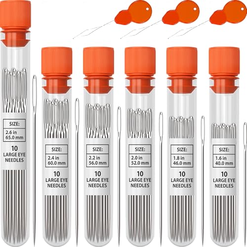 VONEEDL 60 PCS Large Eye Sharp Needles - Easy to Thread Big Eye Sewing Needles, Embroidery Needles (6 Sizes) - size: 60 Needles