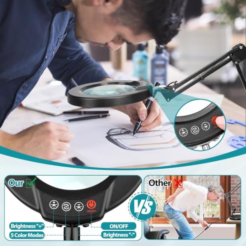30X 12X Magnifying Glass with Light and Stand, Real Glass, 5 Color Modes, Brightness Stepless Dimmable Lighted Magnifier Hands Free, 2-in-1 Desk Lamp & Clamp Light, Magnifier Lamp for Close Work - color: Black, size: 30X 17.8inch Base & Clamp