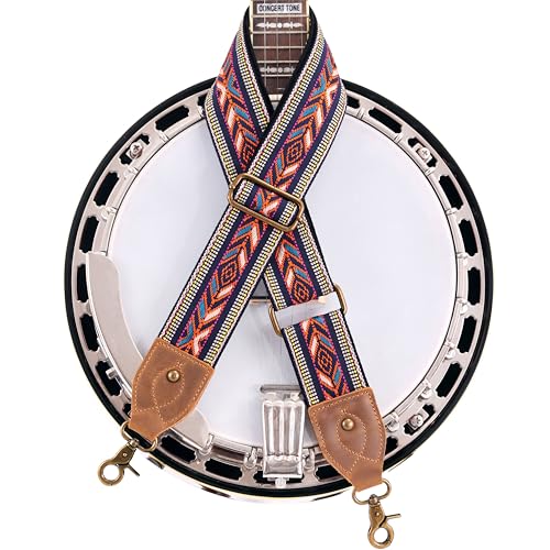 Nefelibata Banjo Strap,2"Wide Double Crazy Horse Leather Jacquard Embroidery Strap Adjustable Replacement,Multi-pattern Strap With Metal Clips - color: A#-ethnic Style Embroidery Orange