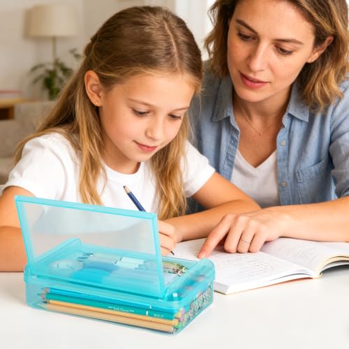 Double Layer Plastic Clear Hard Pencil Cases Box with Personalized sticker - color: Light Green-Stickers