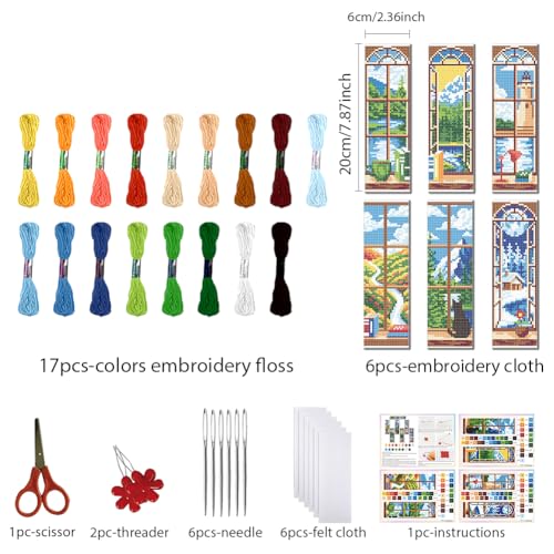 FREEBLOSS 6 Set Cross Stitch Bookmark Kit 11 CT Stamped Cross Stitch Kit DIY Embroidery Bookmark Kits for Adult Beginners with Instructions, Window Views, 6 x 20 cm/8" x 2.4" - style: Windows