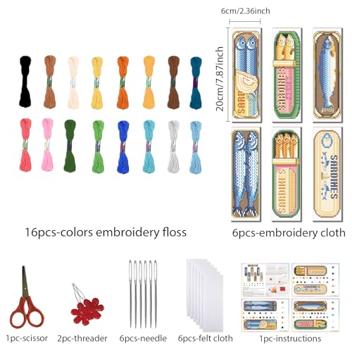FREEBLOSS 6 Set Cross Stitch Bookmark Kit Canned Fish Patterns 8 * 2.4inch - style: Canned Fish