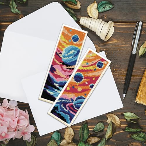 ACRNIGHEET 6PCS Stamped Cross Stitch Bookmark Kit for Beginners Planet - style: Planet Patterns