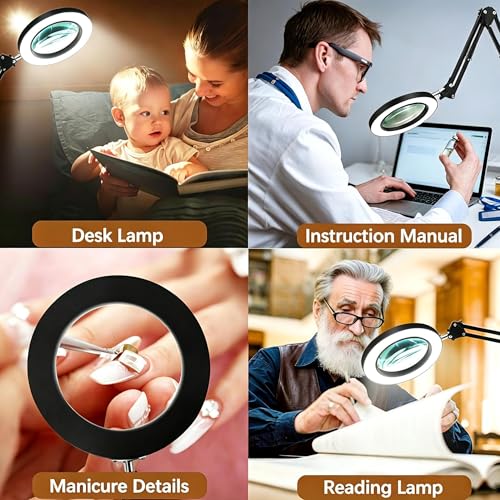 10X Magnifying Glass with Light and Clamp, Magnifier with Light Hands Free3 Color Modes Stepless Dimmable, 72 LEDs Real Glass Lens Magnifying Lamp for Close Work, Repair, Reading, Craft - color: Black