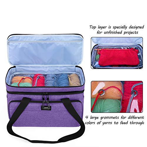 CURMIO Double-Layer Knitting Tote Bag, Yarn Storage for Crafts, Purple - color: purple