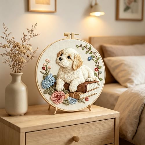 Qvthpv Embroidery Kit for Beginners, Stamped Puppy and Books Pattern - color: The puppy and the books