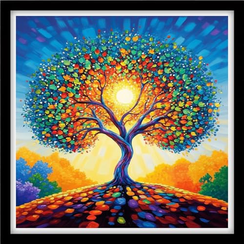 Fanxvivy Counted Cross Stitch Kits for Adults 11CT Unprinted Cross-Stitch Patterns Embroidery Kits Easy Cross Stitching Needlepoint Kits-Sunlight Tree of Life 18x18 inch - color: DIYcraft08
