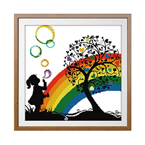 ITSTITCH Printed Cross Stitch Kits 11CT 20X20 inch Holiday Gift DIY Embroidery Starter Easy Patterns for Girls Crafts DMC Stamped Supplies Needlework Rainbow Bubble Girl - color: Stamped 20.1x20.2 inch