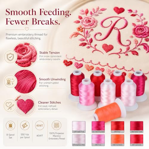 Simthread 8 Shades 550Yds Each 40WT Polyester Embroidery Thread Red Set - color: 550YRedBrother