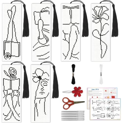 ACRNIGHEET 6PCS Cross Stitch Bookmark Kit for Beginner Stamped Cross Stitch Kits for Adults Abstract DIY Tassel Embroidery Bookmark Kits Needlepoint Kit with Instructions Craft Gift 8.5''x3'' 11CT - style: Abstract with Tassel