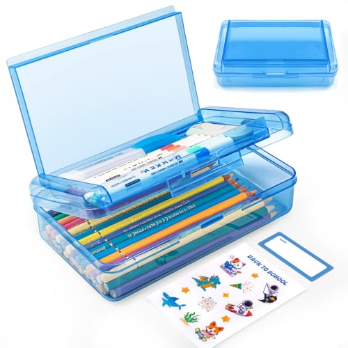 Double Layer Plastic Clear Hard Pencil Cases Box with Personalized sticker - color: Blue-Stickers