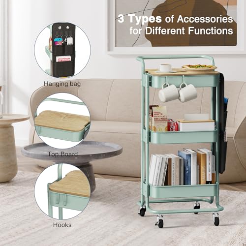 DTK 3-Tier Rolling Cart with Table Top, Metal Utility Cart with Side Bags - color: Green, size: Large