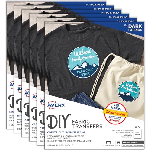 Avery Printable Heat Transfer Paper for Dark Fabrics, 8.5" x 11", Inkjet Printer Compatible, 30 Sheets of Iron On Transfer Paper Total (6-Pack of 3279) - color: White, size: 8.5" x 11", style: 30 transfers