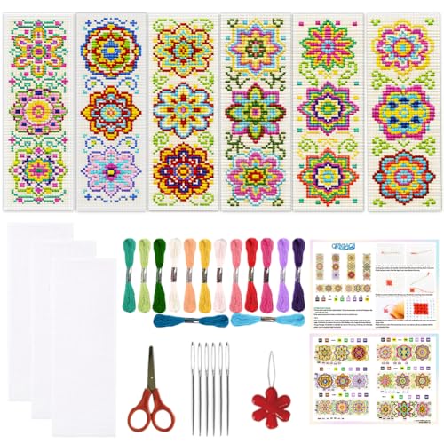 ORIGACH 6 Set Mandala Flower Cross Stitch Bookmark Kit for Beginner - style: Mandala Flower