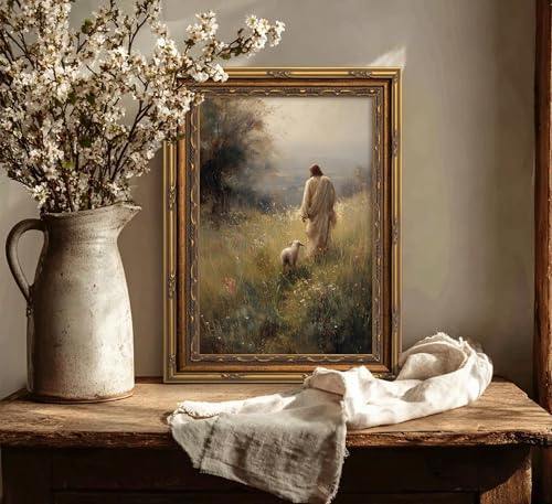 Vintage Gold Framed Jesus Leaves the 99 Sheep Canvas Wall Art Christian Wall Decor Picture Jesus and Lamb Painting The Lost Sheep Posters Prints for Room Bedroom Church Prayer Home Decor - color: Gold, size: 24"L x 16"W
