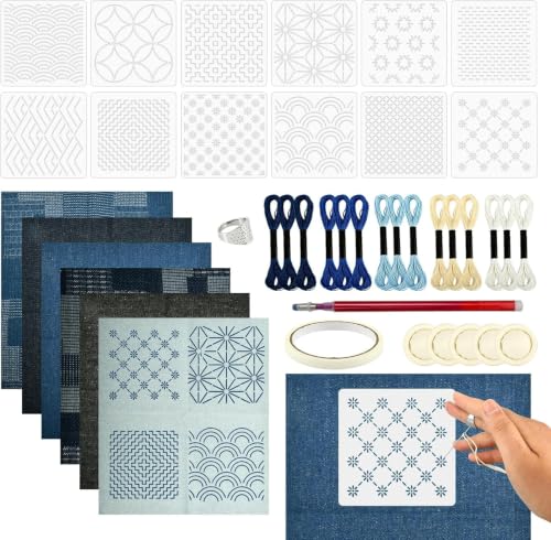 Qevylentte 45 Pcs Sashiko Stencil Kit for Embroidery, Japanese Embroidery Kit Include Geometric Template Thread Needles Thimble Fabric, Hand Quilting Sewing Supplies for Beginners