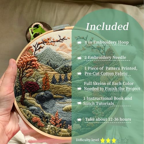 FONNUY Embroidery Kit for Beginners, Boho Nature Landscape Pre-Stamped Pattern Kits for Adults with Hoop, Easy to Follow Color Thread Needlework, 8'' Hoop (Flowers Hills) - color: Flowers Hills
