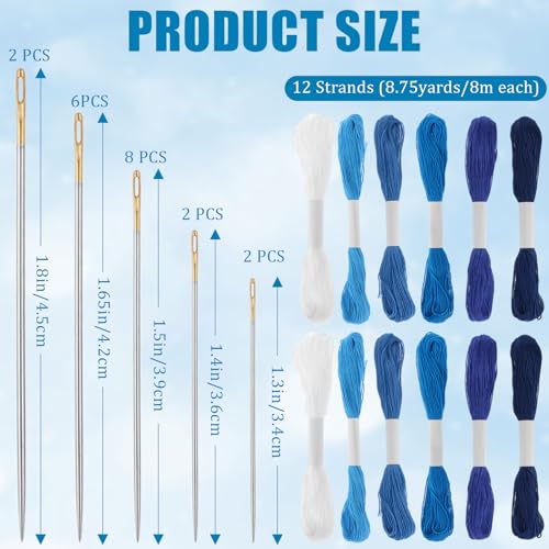 32 Pcs Sashiko Thread Kit, 12 Strands Blue Sashiko Thread and 20 Needles