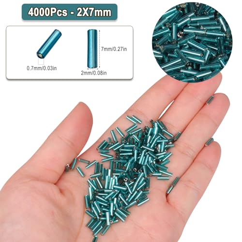 4000pcs Water Duck Blue Bugle Beads Bulk -Embroidery Beads,Long Tube Bead for Jewelry Making, Bracelet Necklaces Supplies,Craft DIY(7x2mm) - color: Water Duck Blue