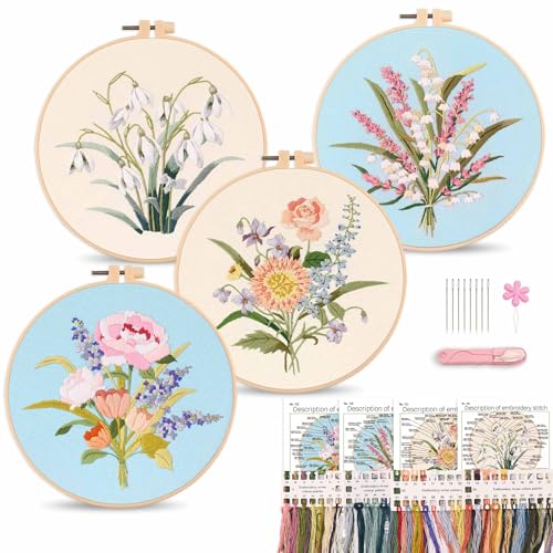 Harimau Adult Beginner Embroidery Starter Kit, Complete Set with 4 Patterns, 2 Hoops, Needles, Scissors, Instruction Guide & Stitching Video Tutorials - color: Floral7 pattern
