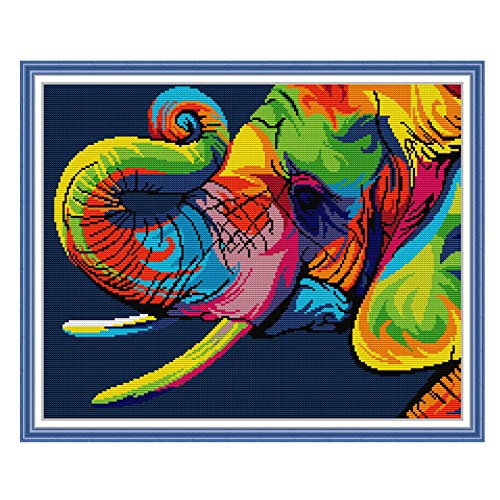 Cross Stitch Kits Stamped Full Range of Embroidery Starter Kits for Beginners DIY 14CT Easy Patterns Embroidery for Girls Crafts-Rainbow Elephant 17.3x14 (inch) - color: Rainbow elephant, 17.3x14 inch