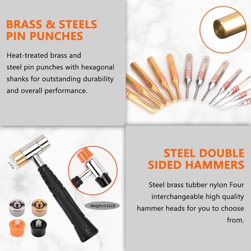 Pridefend Punch Set,Brass Punch Set and Roll Pin Punch Set Made of Solid Material Including Steel Pin Punch Set and Bench Block, Hammer with Detachable Heads,Punch Set with Portable Storage Case - style: Brass Pin Punch Set