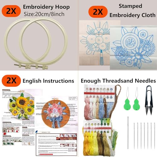 Allazone 2 Sets Embroidery Kit for Beginners, Stitch Practice Kits for Craft Lover Hand Stitch with Embroidery Fabric with Stamped Pattern, Starter Stitch Kits Suitable for Adults (Sunflower) - color: Sunflower