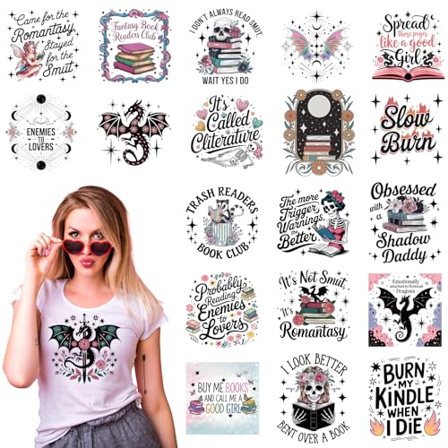 Dazoratix Romantasy Fantasy Iron on Transfers - 20 Sheets DTF Ready to Press Heat Patches Paper Book Lover Vinyl Stickers Decals for T Shirts Women Clothes Clothing Bag DIY Crafts Appliques Decoration - style: Romantasy Fantasy