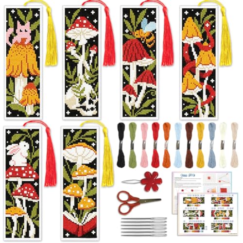 ACRNIGHEET 6PCS Cross Stitch Bookmark Kit for Beginner Stamped Cross Stitch Kits for Adults Mushroom DIY Tassel Embroidery Bookmark Kits Needlepoint Kit with Instructions Craft Gift 8.5''x3'' 11CT - style: Mushroon Animals with Tassel