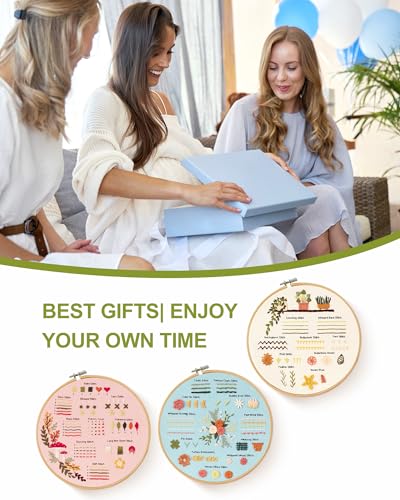 Santune 3 Sets Embroidery Kit for Beginners Adults,Learn Over 30 Different Stitches,DIY Cross Stitch Kits,Including Clear Instructions,Video Tutorials,Stamped Flower Patterns,Hoop,Color Threads,Tools - color: Simple Patterns