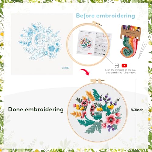 Zerzsy 7.87 '' Embroidery Kits Plant Flower Leaf English Letter Patterns for Beginners Adults, Easy to Learn Cross Stitch Kit for Home Office Decor - color: Letter G