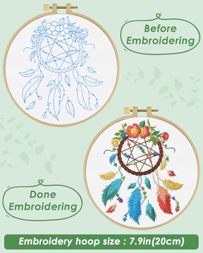 ERKOON Embroidery Kit for Beginners, Flower Cross Stitch Set for Include Embroidery Cloth Hoops Threads for Craft Lover Hand Stitch with Embroidery Skill Techniques (Dreamcatcher) - color: Dreamcatcher