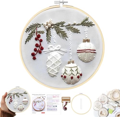 Christmas Embroidery Kit DIY Hand Embroidery Starter Cross Stitch Kits, Christmas Ornaments Embroidery with Stamped Pattern,Cotton,Threads,Needles,Instructions for Adults Beginners (Holly Bauble) - color: Holly Bauble