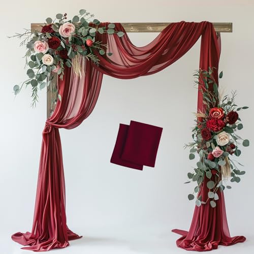 Wedding Arch Draping Fabric 2 Panels Burgundy Sheer Backdrop Drapes - color: Burgundy, size: 2 Panels