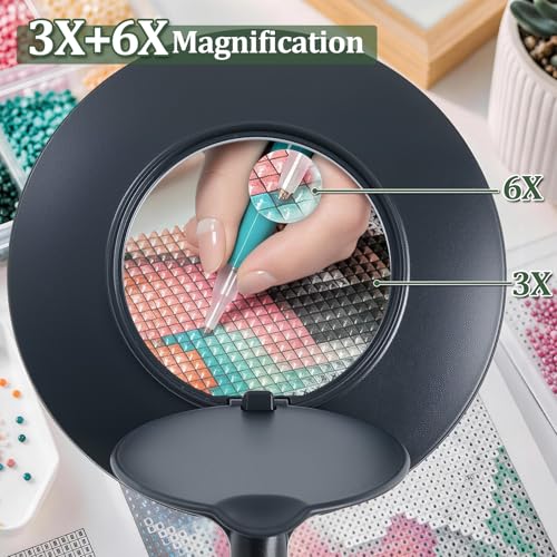 3X+6X Magnifying Glass with Light and Stand, Dimmable LED Magnifying Lamp - color: Black