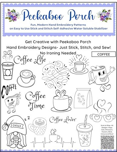 Coffee Lovers Water Soluble Embroidery Patterns on Sulky Water Soluble Stabilizer for Hand Embroidery - color: Coffee