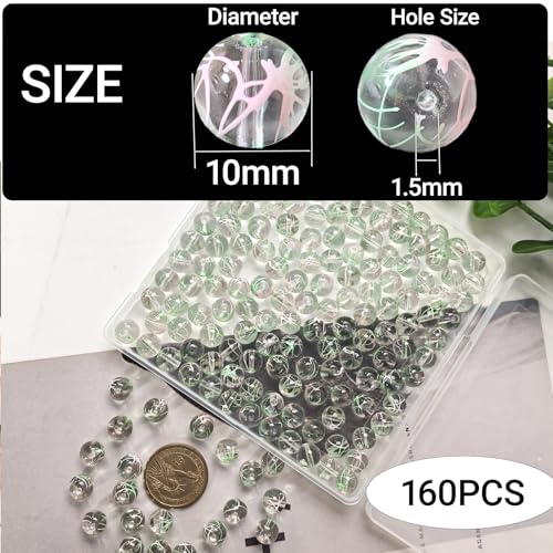 10mm Hand-Drawn Glass Beads Bulk 160pcs Green Pink Round - color: Green&Pink 10mm