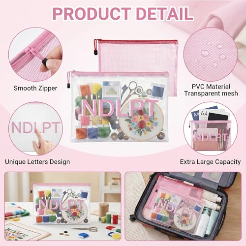 Sabary 2 Pcs Needlepoint Project Bag Clear Mesh Zipper Organizer, Pink - color: Pink