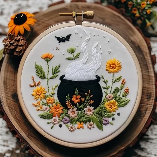 MGARDENMYI Floral Witch Hat Embroidery Kit Halloween Cross Stitch Material Set with Bat Skull Flower Pumpkin Patterns, DIY Hand Needlepoint Embroidery Craft Kit for Beginners Professional (Set of 7) - color: Set of 7