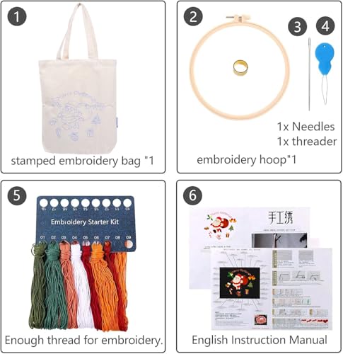 CREAWONDER Canvas Tote Bag Embroidery Kit with Pattern for Beginners, Arts and DIY Embroidery Crafts Kits for Adults, Include Instructions, Thimble, Embroidery Hoops, Color Threads and Tool - color: CR002 SantaClaus beige