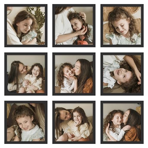 An&He 8x8 Picture Frames Set of 9, Displays 4x4 with Mat or 8x8 Without Mat Photos, Square Collage Wall Decor for Gallery, Tabletop & Wall Decor, Black - color: Black-9, size: 8x8