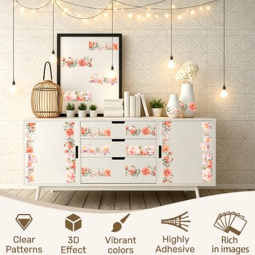 Rub On Transfer 4 Pcs Pink Floral Transfer Sticker for Furniture